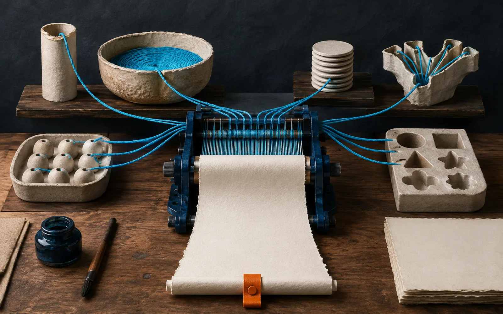 Six varied paper vessels feed cyan threads into a navy loom producing a blank paper scroll with an orange clasp.