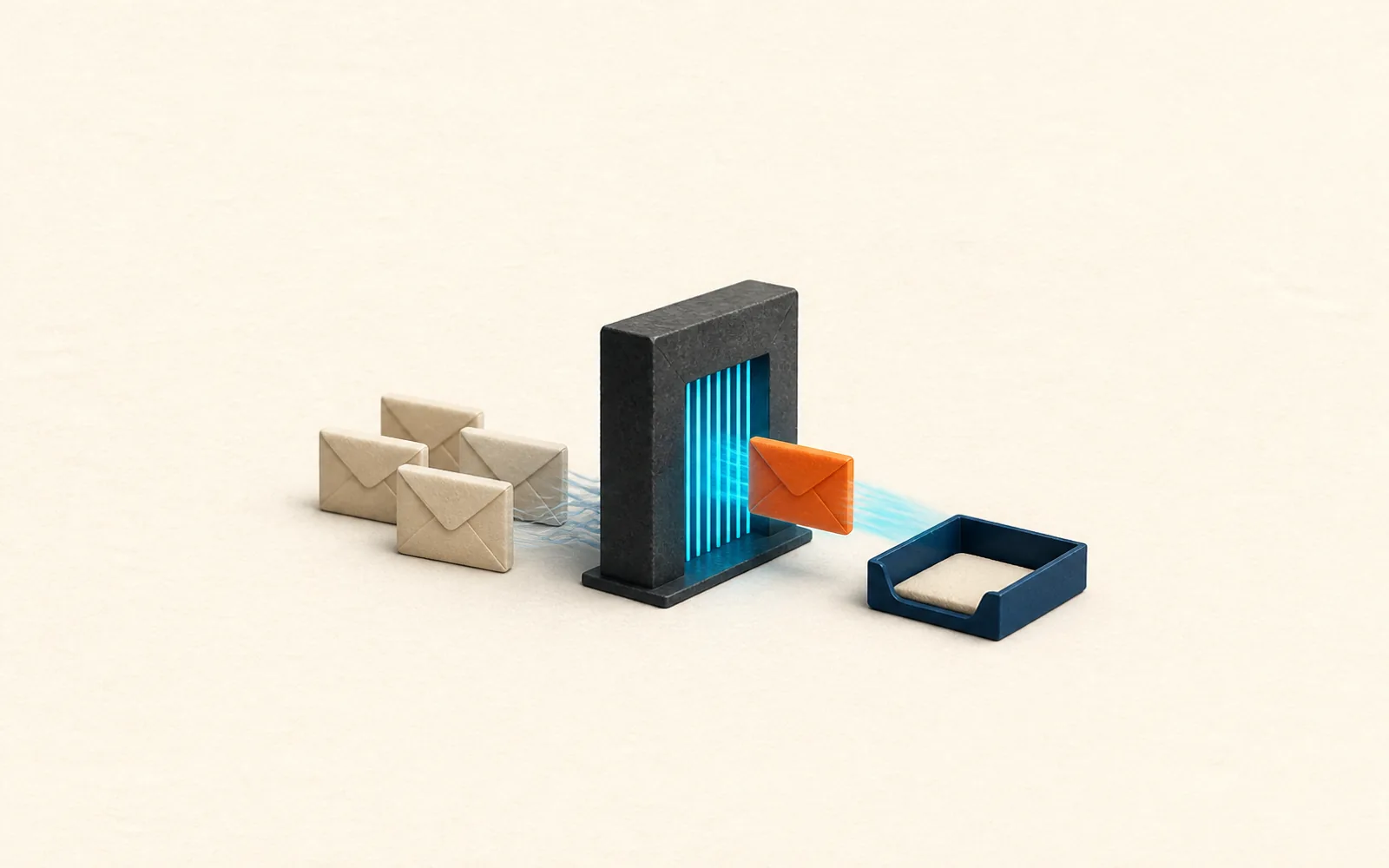 A selective cyan-lit gate lets one orange urgent parcel reach a receiving tray while routine parcels wait behind.