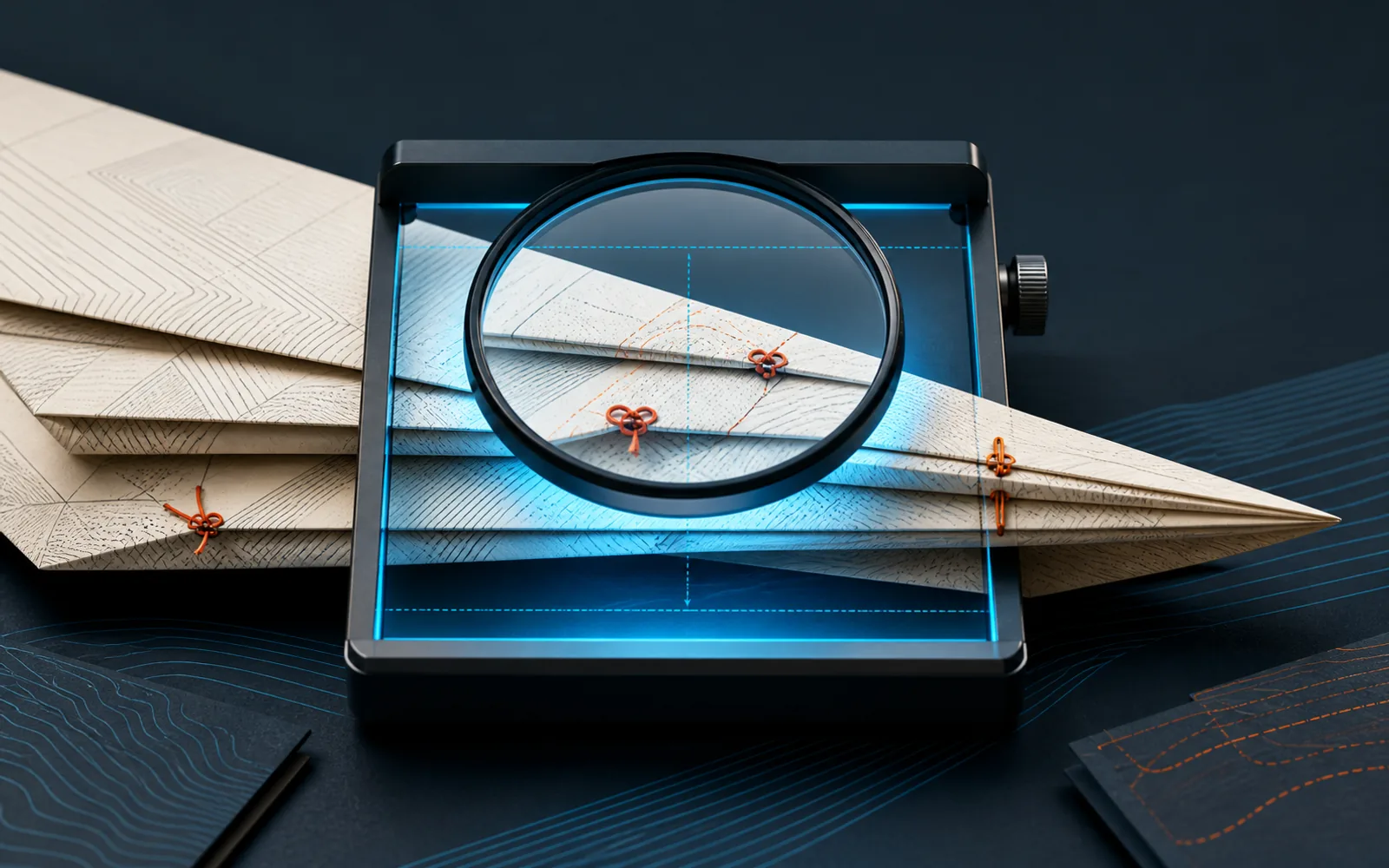 Layered agreement sheets pass beneath a cyan inspection lens that reveals a few orange risk knots.