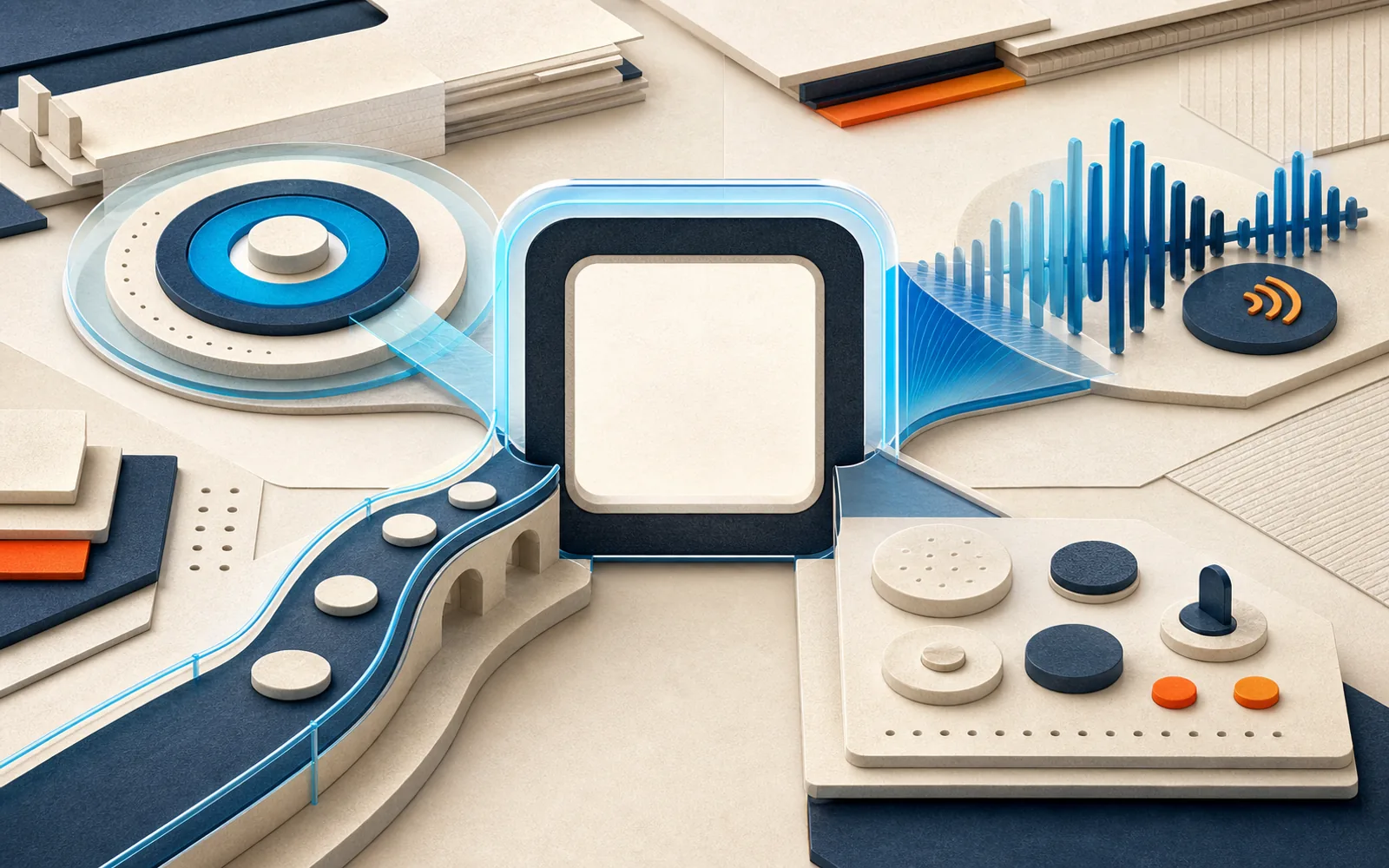 Four accessibility mechanisms converge on one high-contrast open frame with a smooth navigation path and tactile controls.