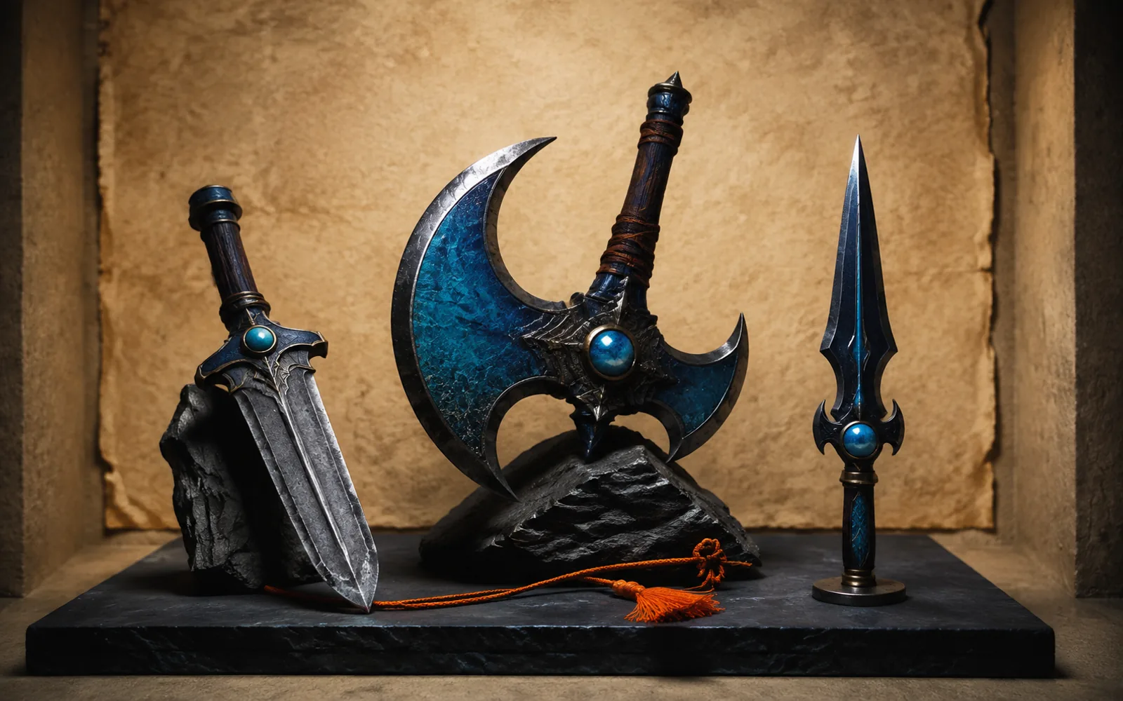 Three ornate fantasy weapons rest on a slate museum plinth linked by an orange display cord.