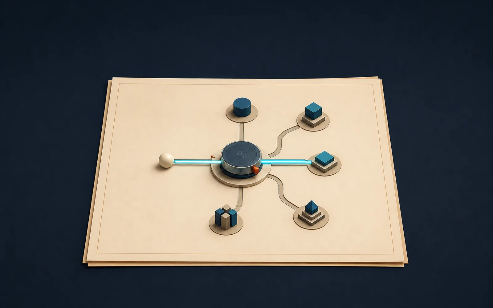 A central selector routes one task sphere along a cyan-lit path toward the best of four abstract workstations.