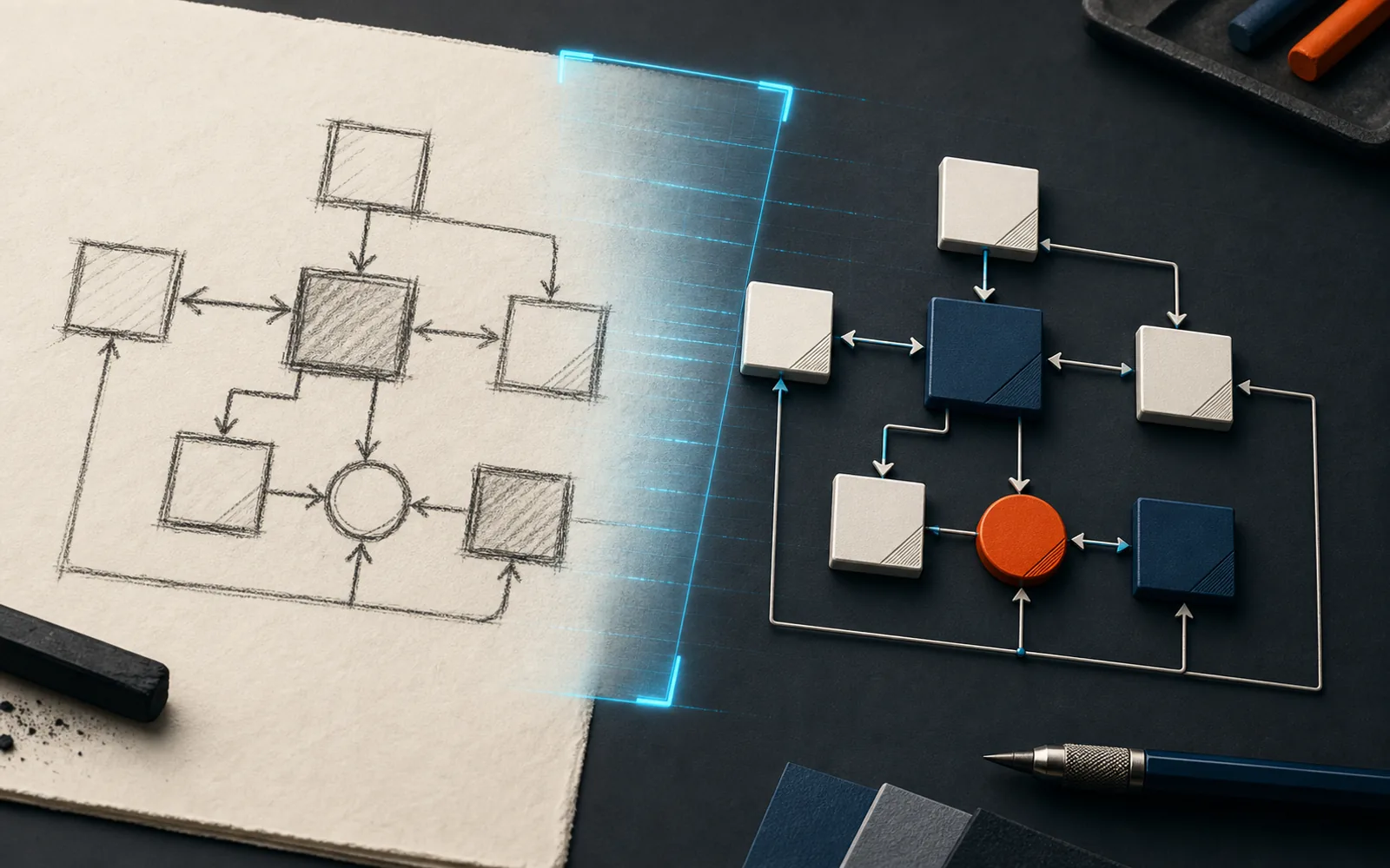 A rough hand-drawn process sketch is transformed through a cyan alignment frame into a polished geometric flow.