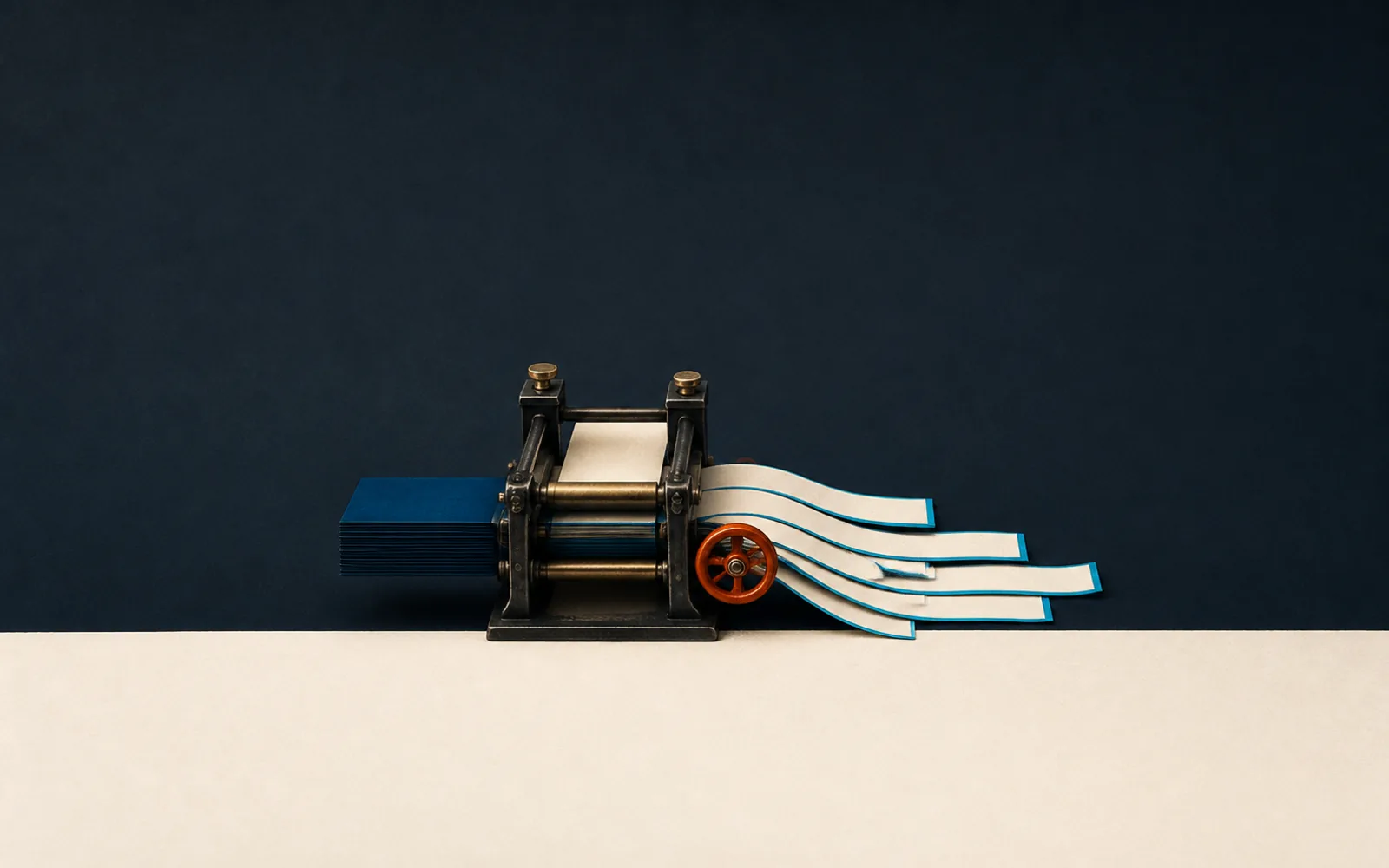 A compact editorial press turns uniform blank paper stock into varied cyan-edged ribbons with a more natural rhythm.