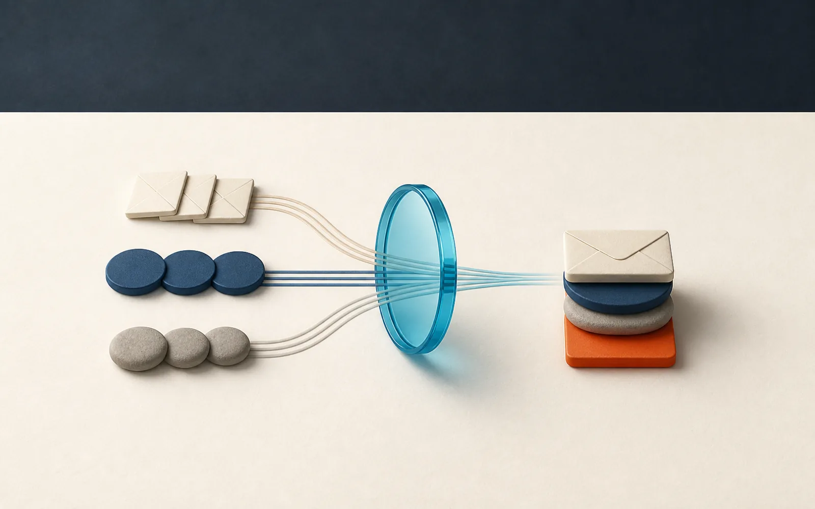 Blank correspondence parcels, schedule discs, and conversation pebbles converge through a cyan sorting lens into a short priority stack.